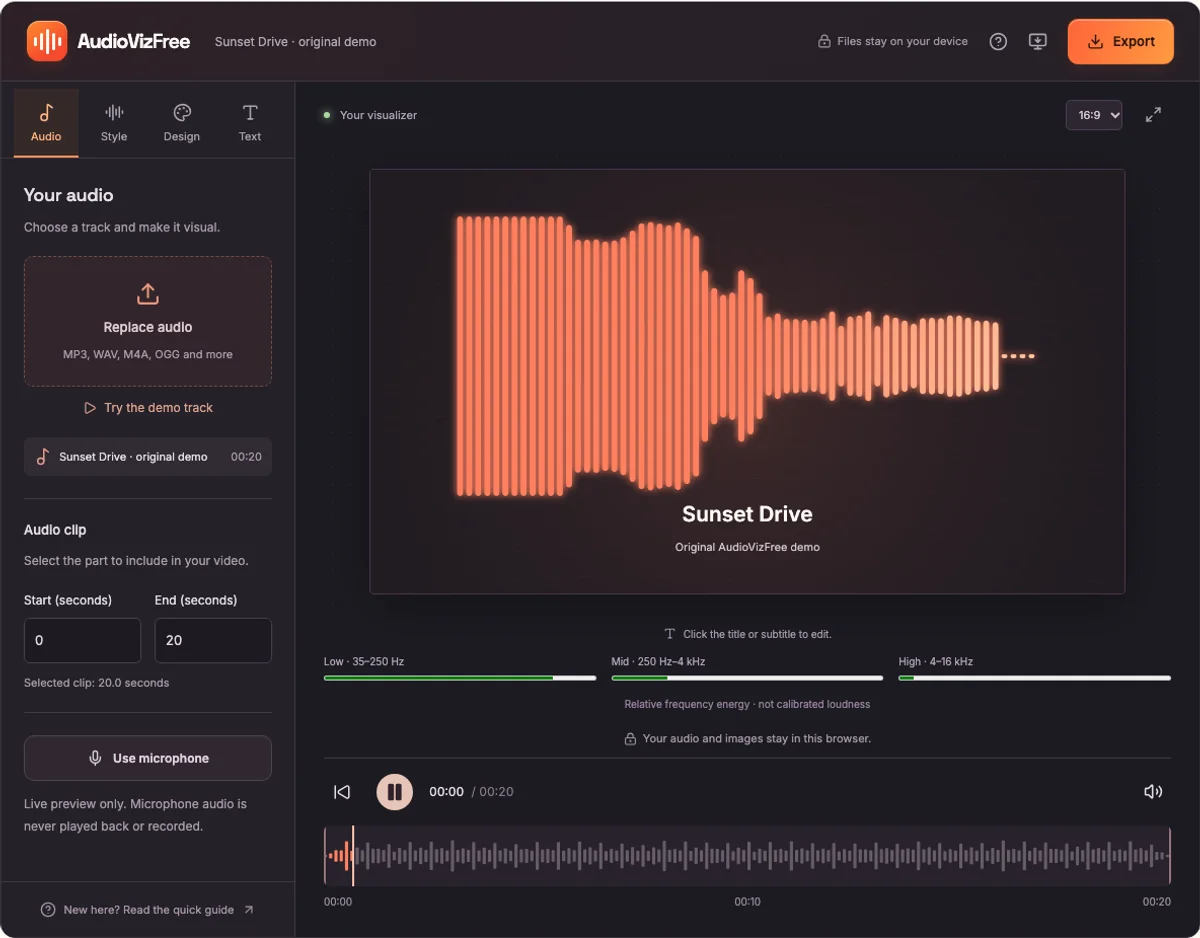 The audio spectrum analyzer editor showing the original demo track
