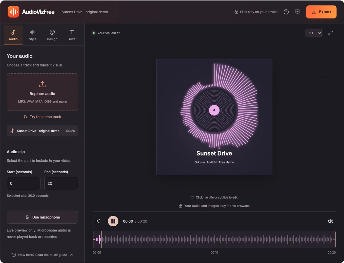 The circular audio visualizer editor showing the original demo track