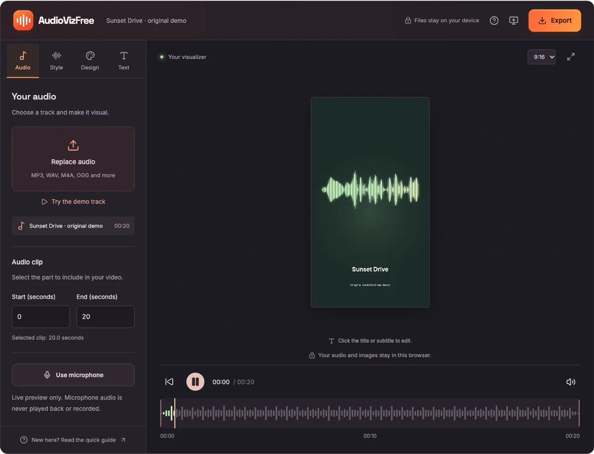 The podcast audiogram maker editor showing the original demo track