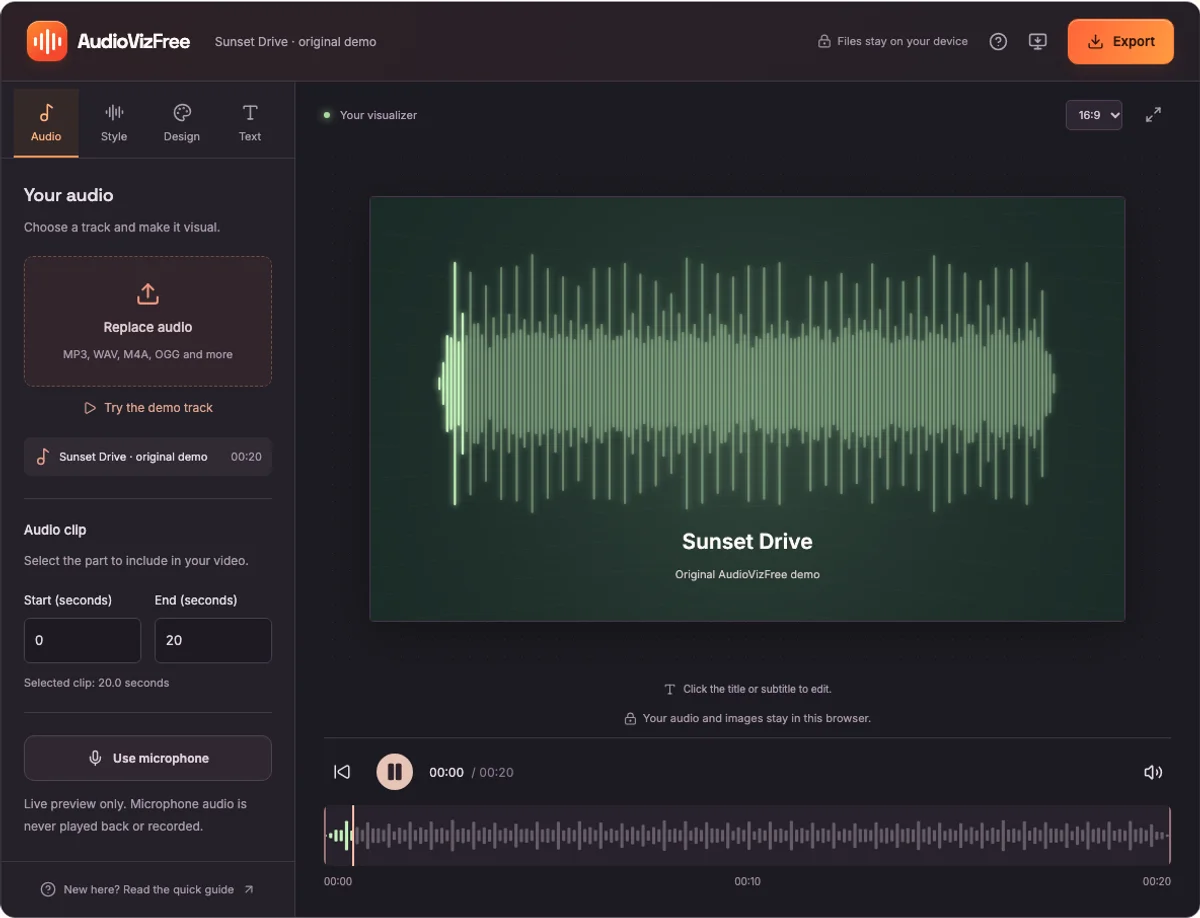 The audio waveform generator editor showing the original demo track