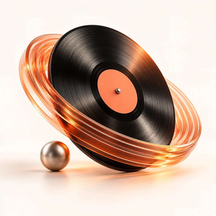 A black vinyl record wrapped in sculptural coral sound-wave rings
